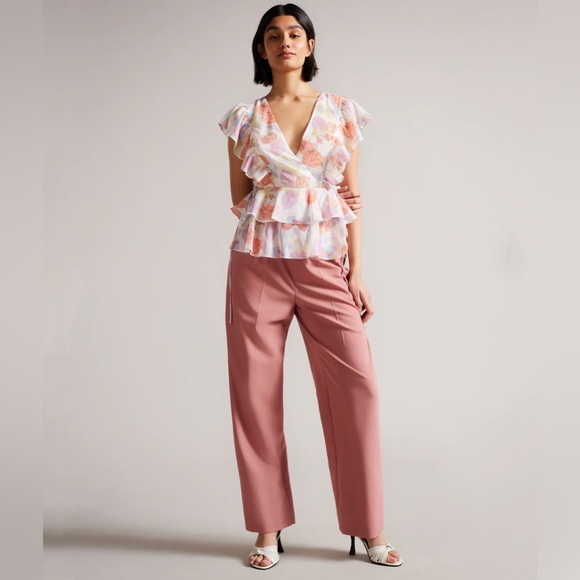 Ted Baker Rowyn Top Ivory Floral Ruffle Frill Detail Tie Blouse
